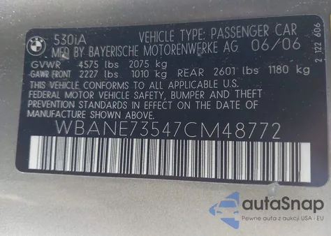 2007 BMW 530I из США, поврежденный, VIN WBANE73547CM48772